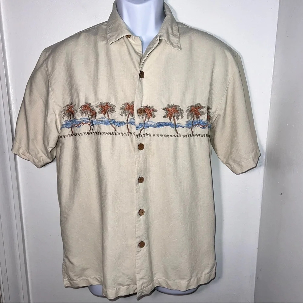 Paradise Blue,M, silk embroidered button front hem vents tropical Hawaiian shirt